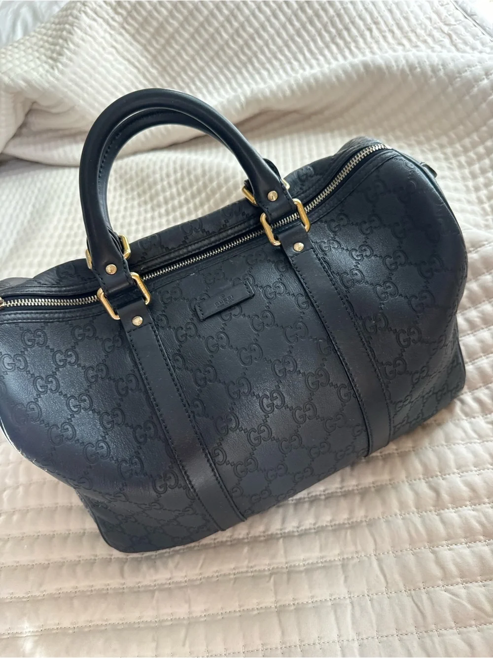 Gucci Black Embossed Leather Satchel with Gold Hardware